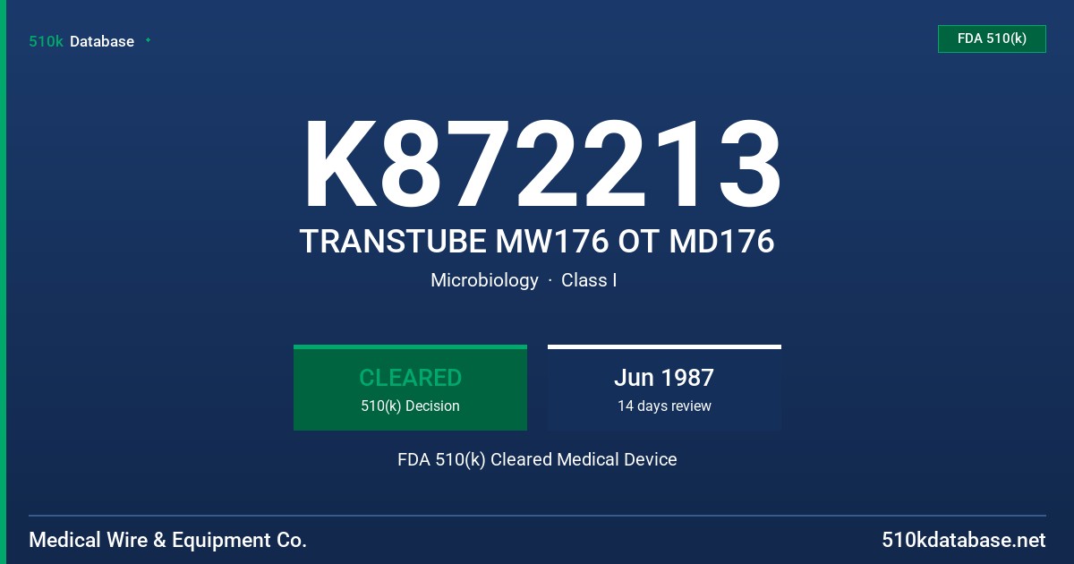 K872213 TRANSTUBE MW176 OT MD176 FDA 510(k) Cleared Medical Device