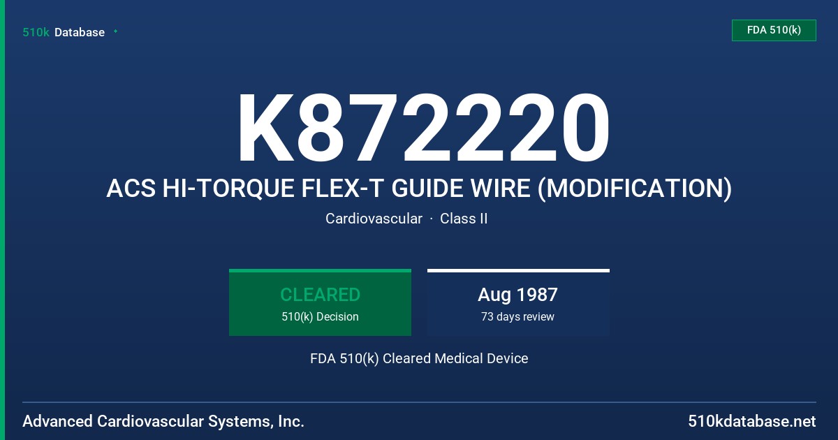 K872220 ACS HI-TORQUE FLEX-T GUIDE WIRE (MODIFICATION) FDA 510(k) Cleared Medical Device