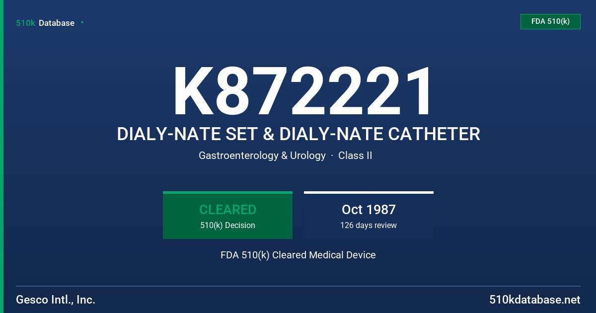 K872221 DIALY-NATE SET & DIALY-NATE CATHETER FDA 510(k) Cleared Medical Device