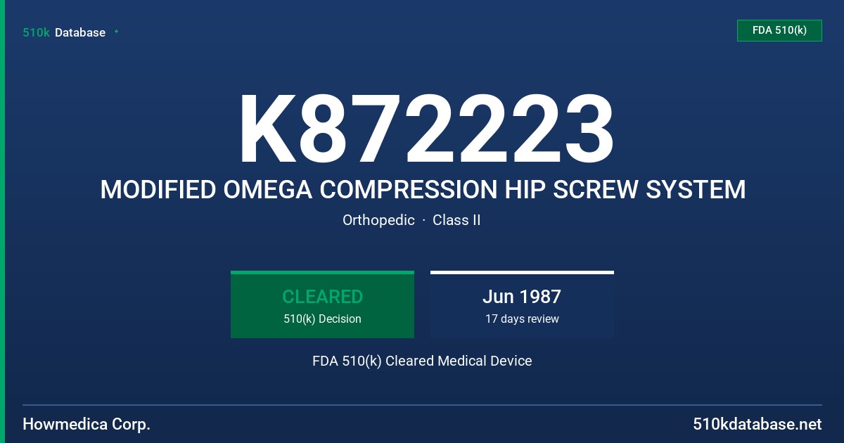 K872223 MODIFIED OMEGA COMPRESSION HIP SCREW SYSTEM FDA 510(k) Cleared Medical Device