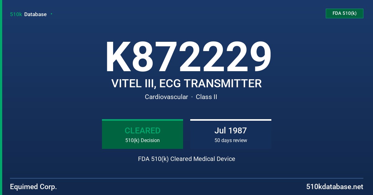 K872229 VITEL III, ECG TRANSMITTER FDA 510(k) Cleared Medical Device