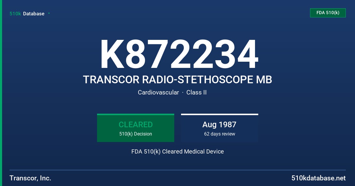 K872234 TRANSCOR RADIO-STETHOSCOPE MB FDA 510(k) Cleared Medical Device