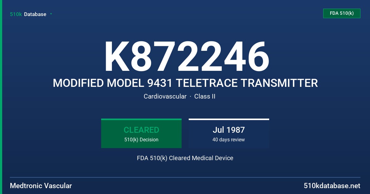 K872246 MODIFIED MODEL 9431 TELETRACE TRANSMITTER FDA 510(k) Cleared Medical Device