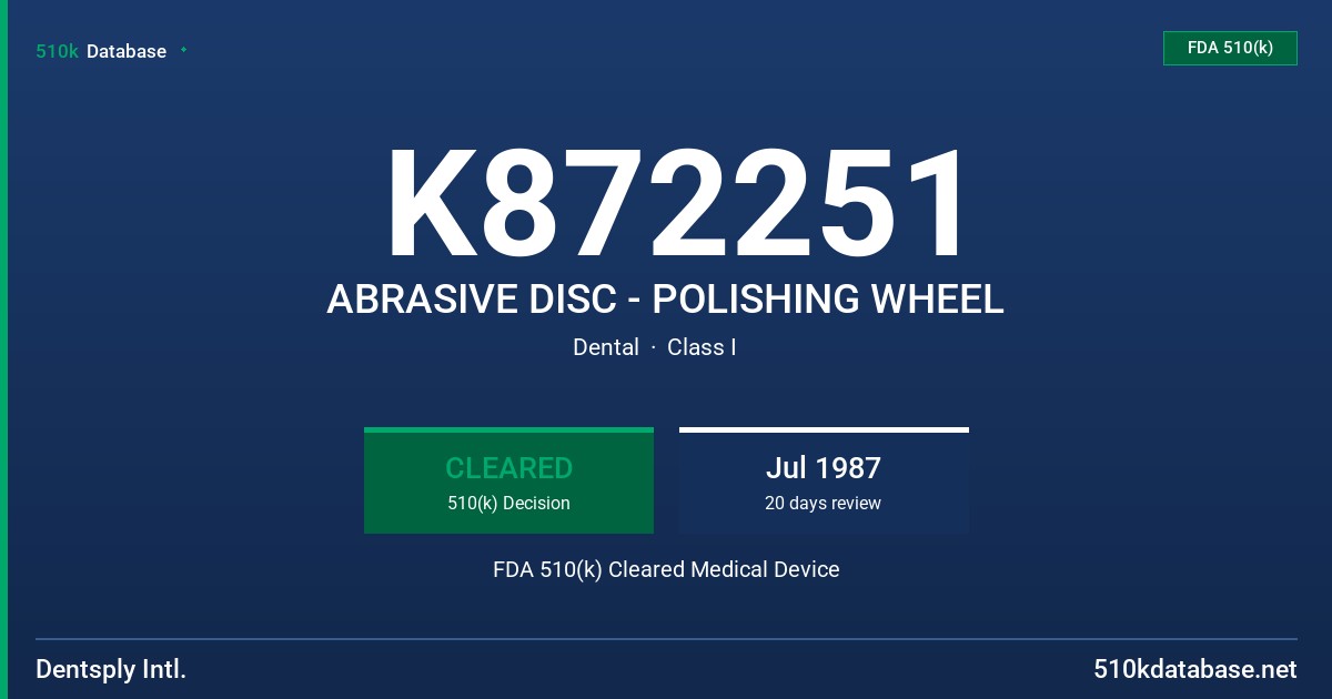 K872251 ABRASIVE DISC - POLISHING WHEEL FDA 510(k) Cleared Medical Device