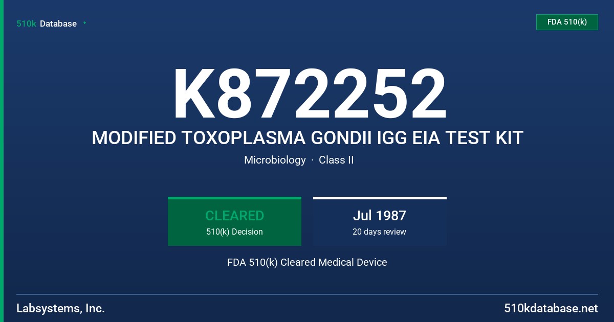 K872252 MODIFIED TOXOPLASMA GONDII IGG EIA TEST KIT FDA 510(k) Cleared Medical Device