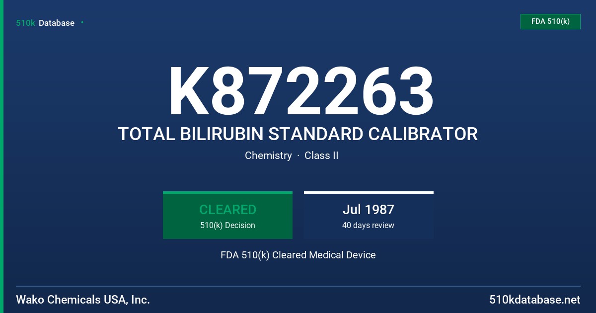 K872263 TOTAL BILIRUBIN STANDARD CALIBRATOR FDA 510(k) Cleared Medical Device