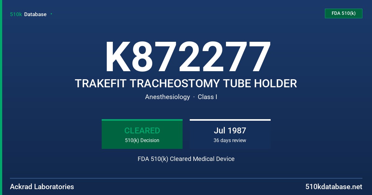 K872277 TRAKEFIT TRACHEOSTOMY TUBE HOLDER FDA 510(k) Cleared Medical Device