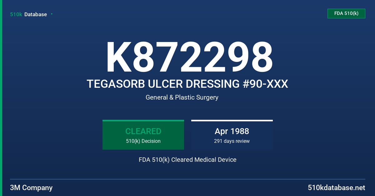 K872298 TEGASORB ULCER DRESSING #90-XXX FDA 510(k) Cleared Medical Device
