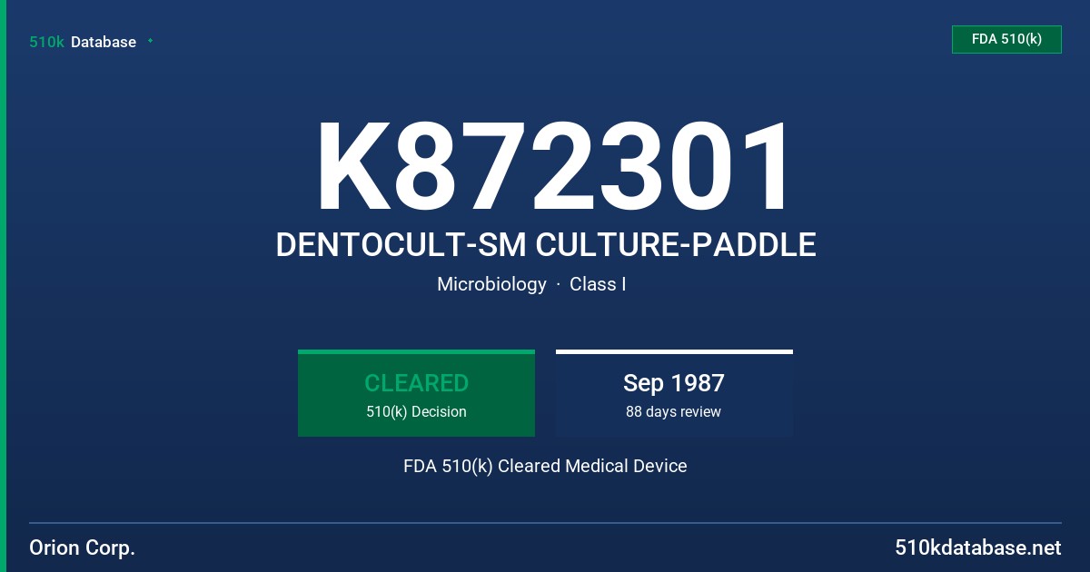 K872301 DENTOCULT-SM CULTURE-PADDLE FDA 510(k) Cleared Medical Device