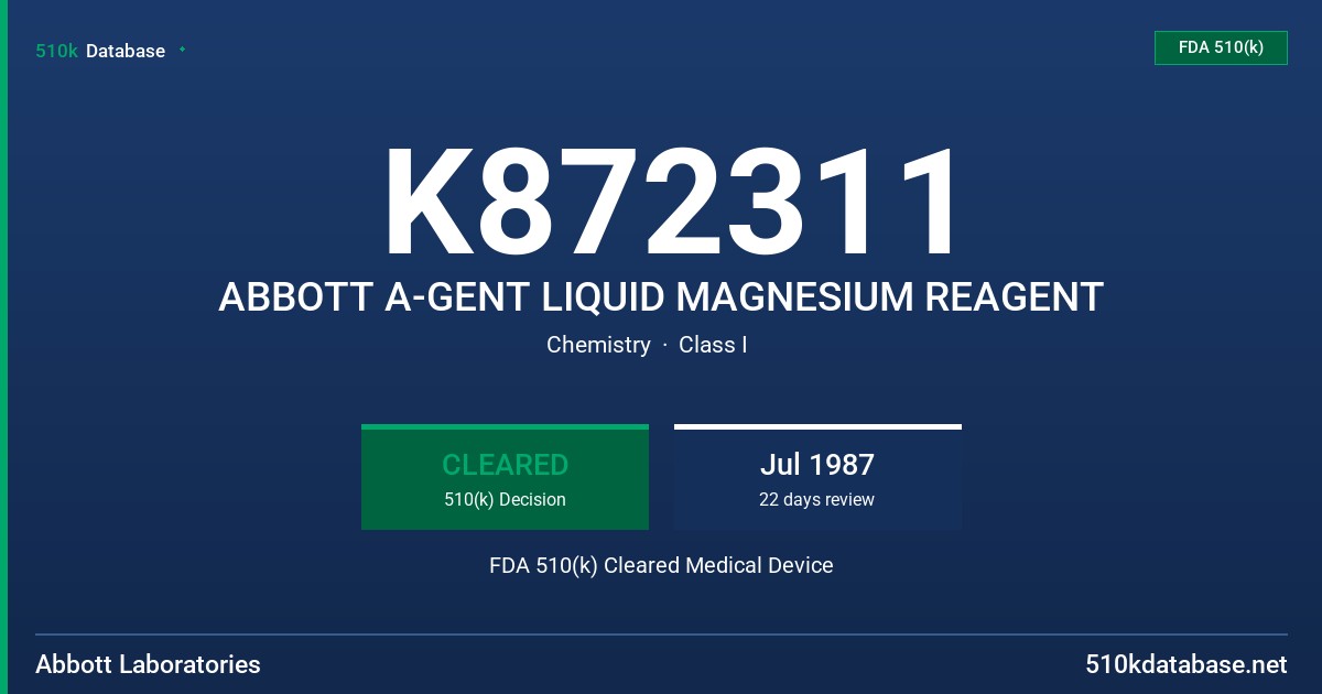 K872311 ABBOTT A-GENT LIQUID MAGNESIUM REAGENT FDA 510(k) Cleared Medical Device