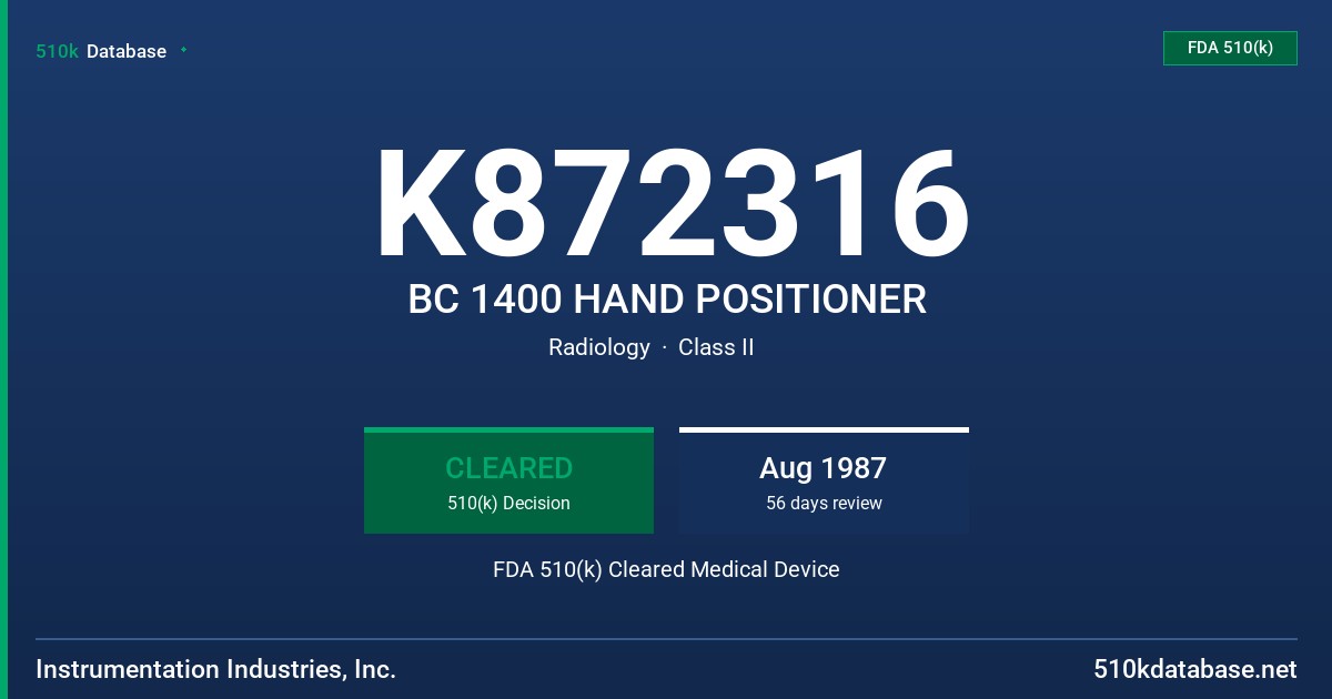 K872316 BC 1400 HAND POSITIONER FDA 510(k) Cleared Medical Device