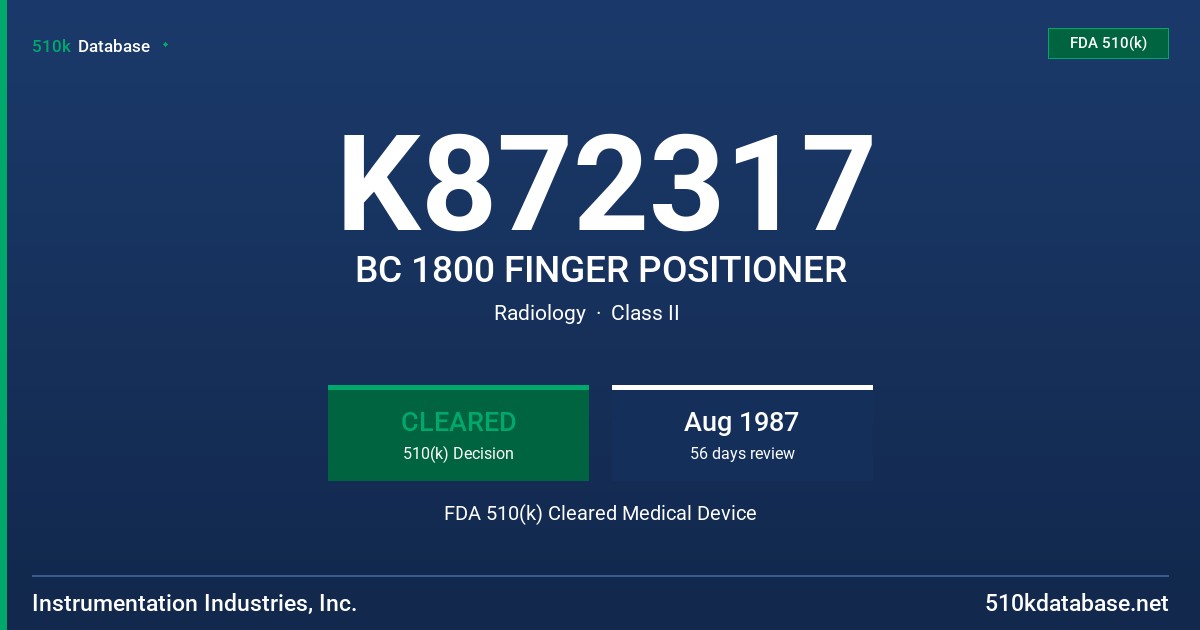 K872317 BC 1800 FINGER POSITIONER FDA 510(k) Cleared Medical Device
