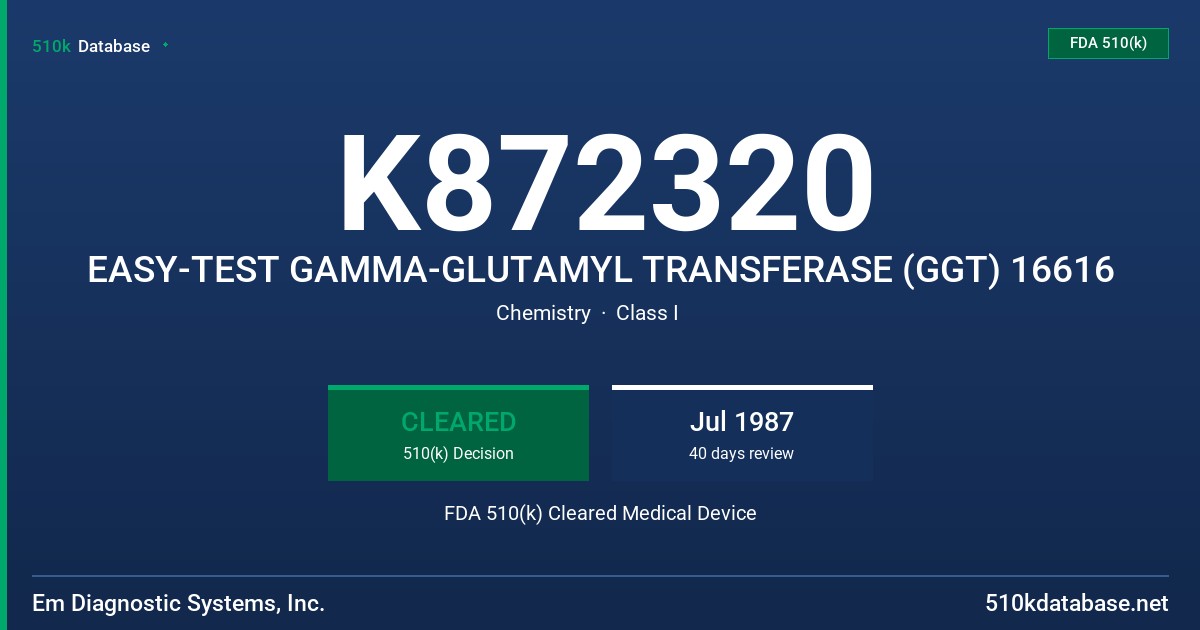 K872320 EASY-TEST GAMMA-GLUTAMYL TRANSFERASE (GGT) 16616 FDA 510(k) Cleared Medical Device