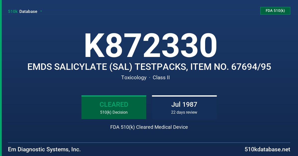 K872330 EMDS SALICYLATE (SAL) TESTPACKS, ITEM NO. 67694/95 FDA 510(k) Cleared Medical Device