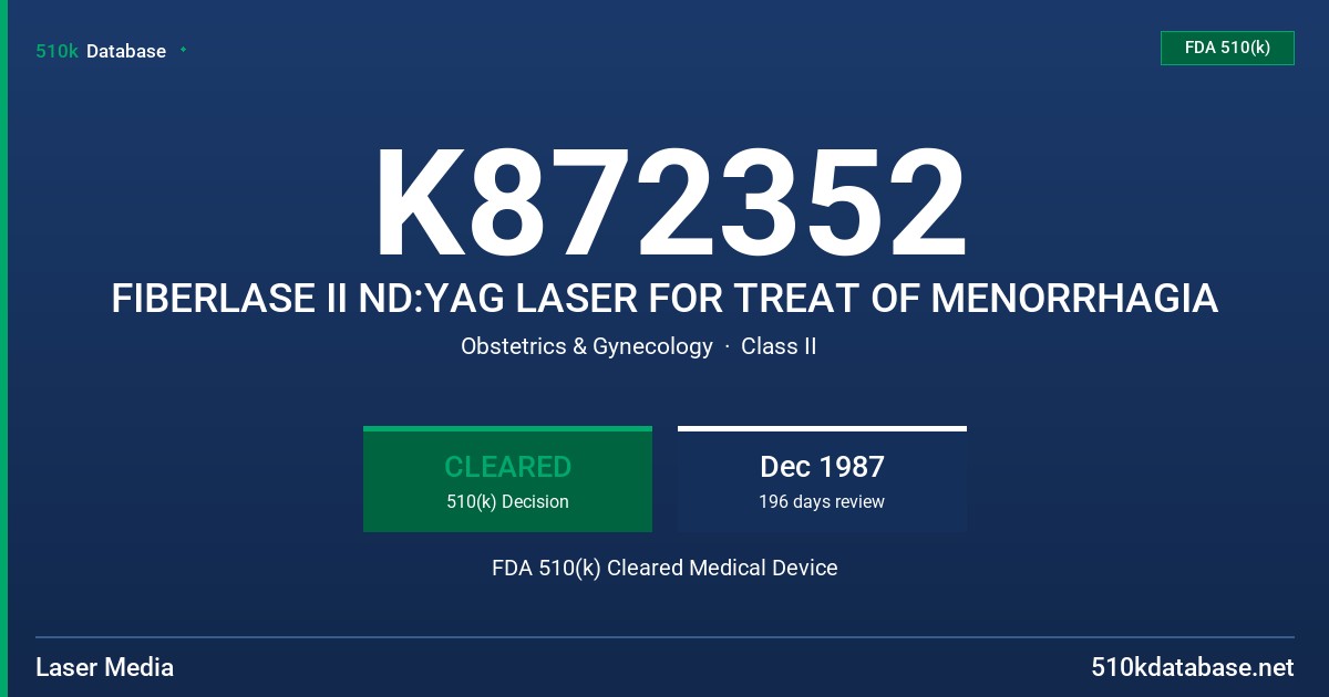 K872352 FIBERLASE II ND:YAG LASER FOR TREAT OF MENORRHAGIA FDA 510(k) Cleared Medical Device