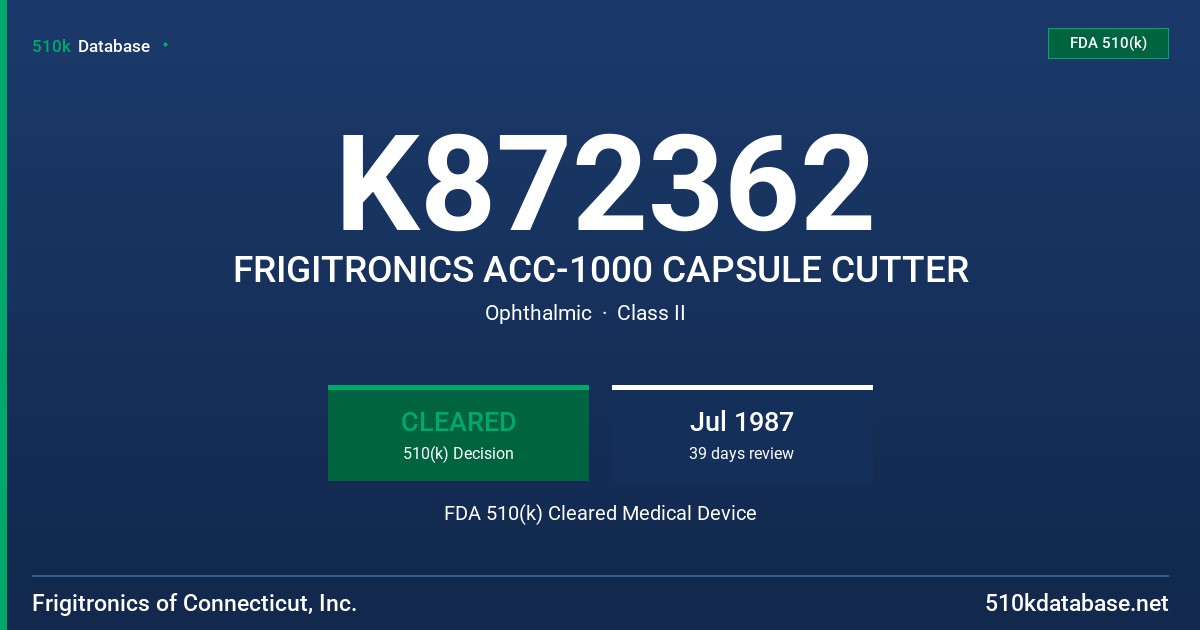 K872362 FRIGITRONICS ACC-1000 CAPSULE CUTTER FDA 510(k) Cleared Medical Device