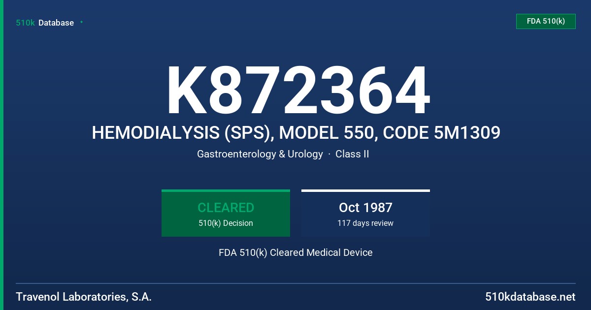 K872364 HEMODIALYSIS (SPS), MODEL 550, CODE 5M1309 FDA 510(k) Cleared Medical Device