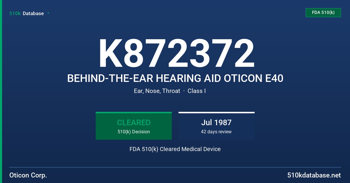 K872372 BEHIND-THE-EAR HEARING AID OTICON E40 FDA 510(k) Cleared Medical Device