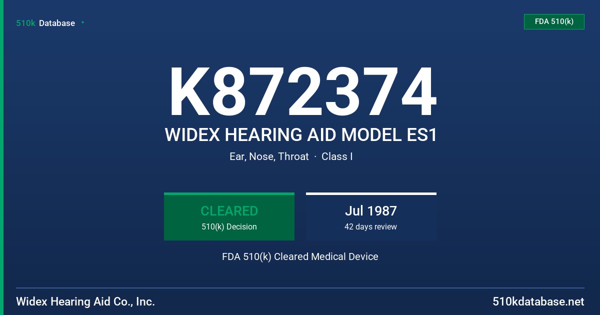 K872374 WIDEX HEARING AID MODEL ES1 FDA 510(k) Cleared Medical Device