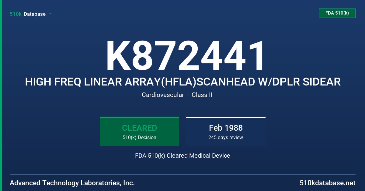 K872441 HIGH FREQ LINEAR ARRAY(HFLA)SCANHEAD W/DPLR SIDEAR FDA 510(k) Cleared Medical Device