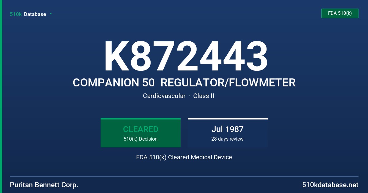 K872443 COMPANION 50  REGULATOR/FLOWMETER FDA 510(k) Cleared Medical Device
