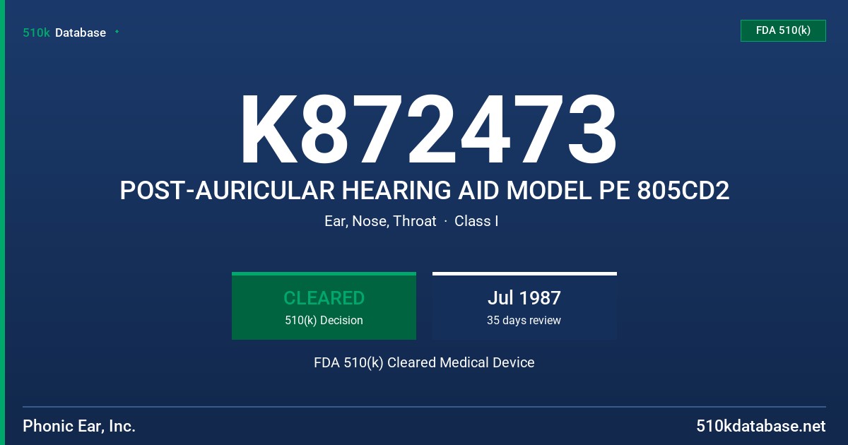 K872473 POST-AURICULAR HEARING AID MODEL PE 805CD2 FDA 510(k) Cleared Medical Device