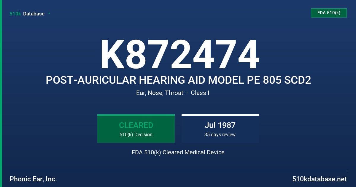 K872474 POST-AURICULAR HEARING AID MODEL PE 805 SCD2 FDA 510(k) Cleared Medical Device