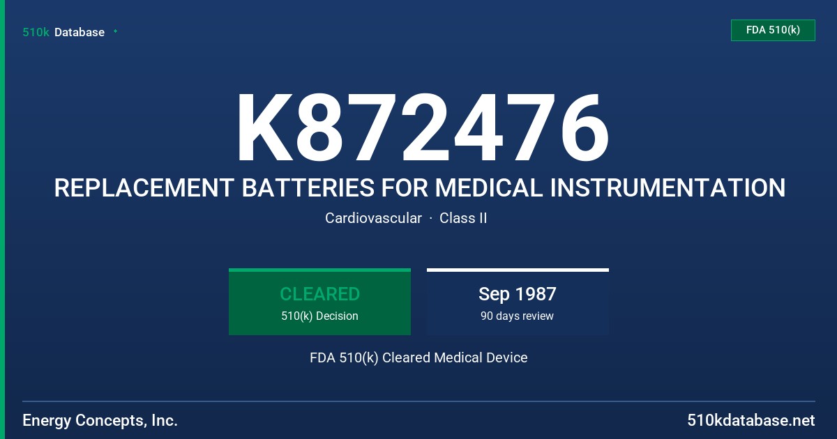 K872476 REPLACEMENT BATTERIES FOR MEDICAL INSTRUMENTATION FDA 510(k) Cleared Medical Device