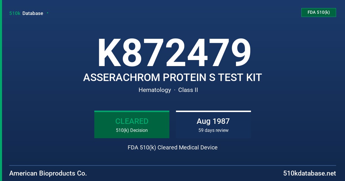 K872479 ASSERACHROM PROTEIN S TEST KIT FDA 510(k) Cleared Medical Device