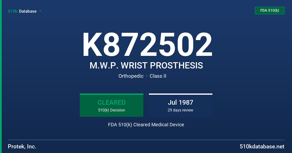 K872502 M.W.P. WRIST PROSTHESIS FDA 510(k) Cleared Medical Device