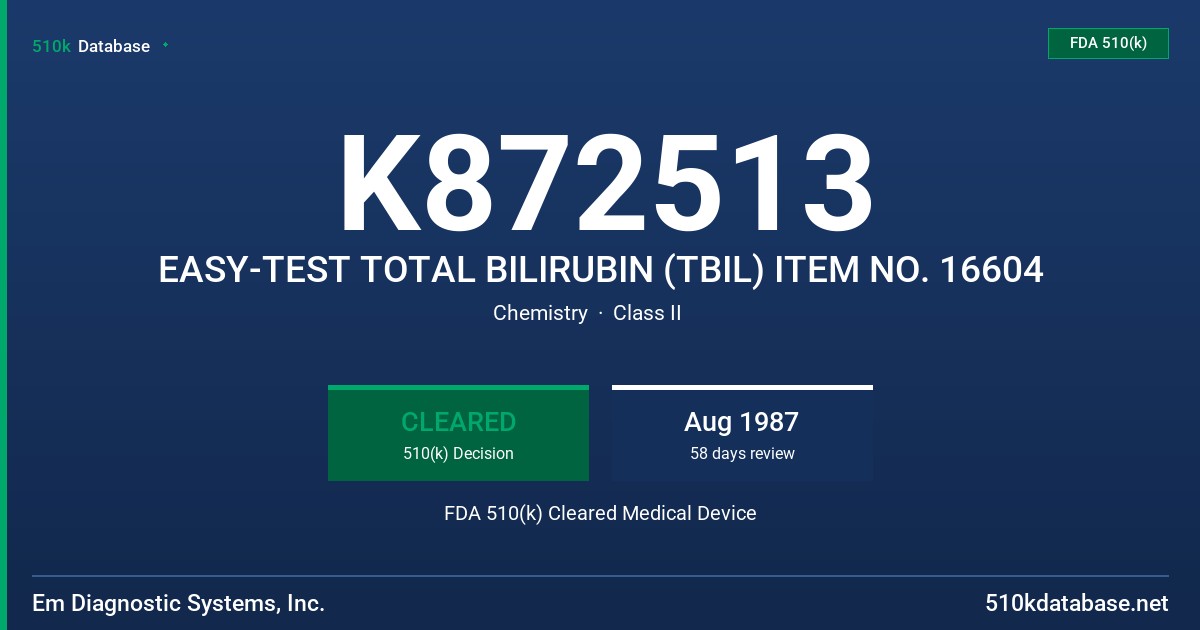 K872513 EASY-TEST TOTAL BILIRUBIN (TBIL) ITEM NO. 16604 FDA 510(k) Cleared Medical Device
