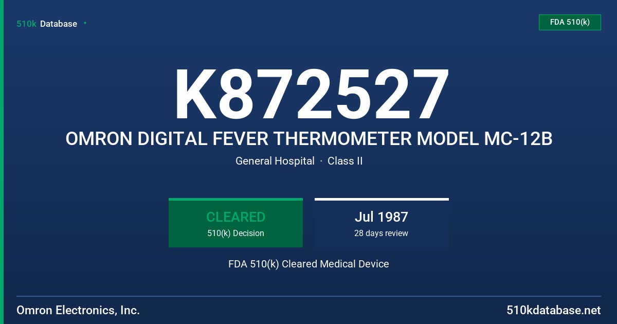 K872527 OMRON DIGITAL FEVER THERMOMETER MODEL MC-12B FDA 510(k) Cleared Medical Device