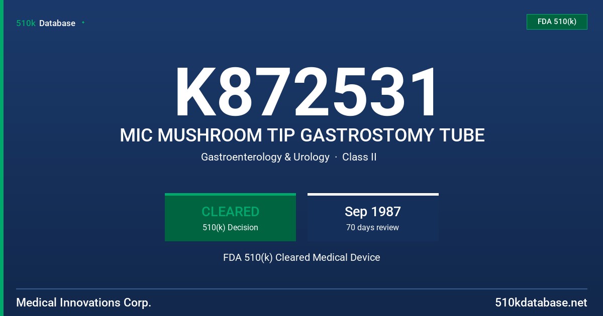K872531 MIC MUSHROOM TIP GASTROSTOMY TUBE FDA 510(k) Cleared Medical Device