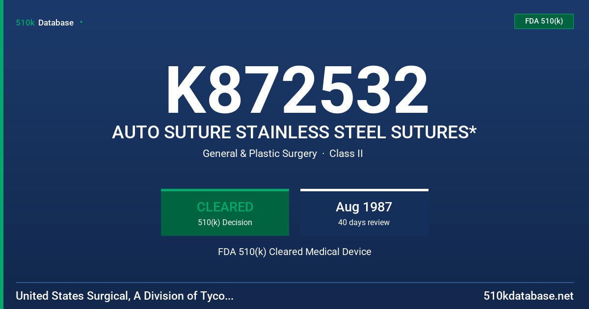K872532 AUTO SUTURE STAINLESS STEEL SUTURES* FDA 510(k) Cleared Medical Device