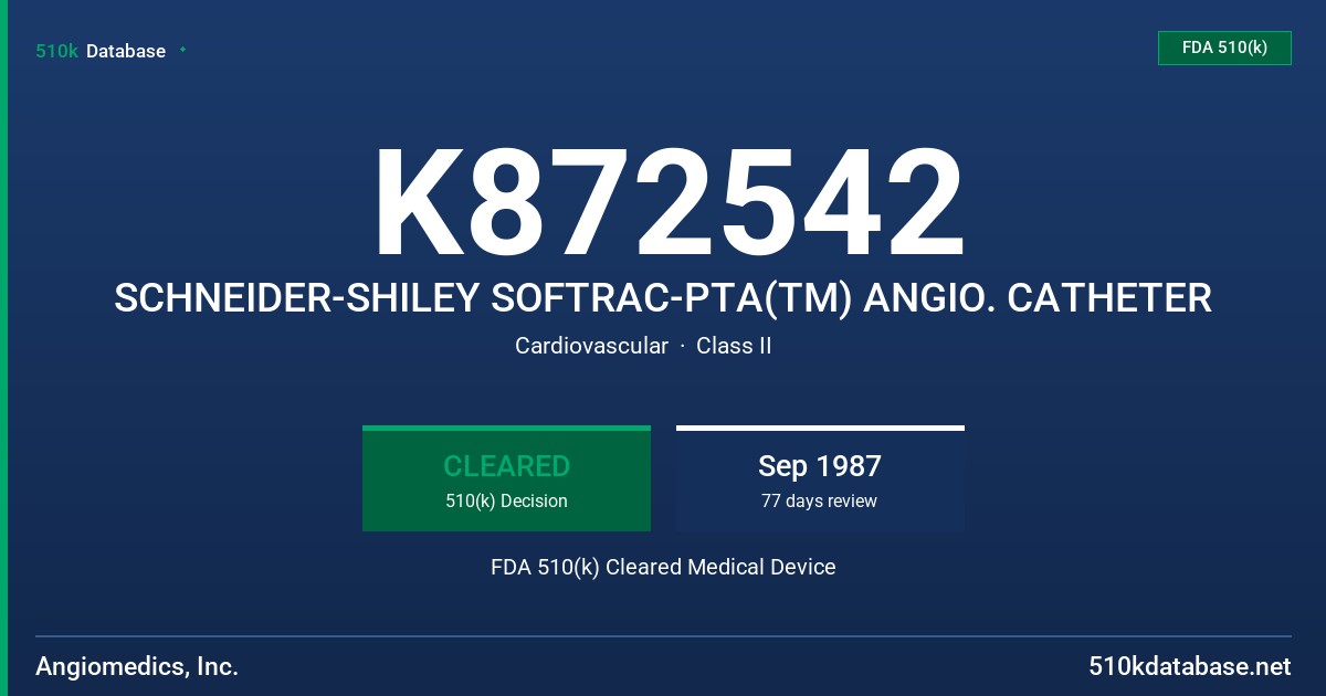 K872542 SCHNEIDER-SHILEY SOFTRAC-PTA(TM) ANGIO. CATHETER FDA 510(k) Cleared Medical Device