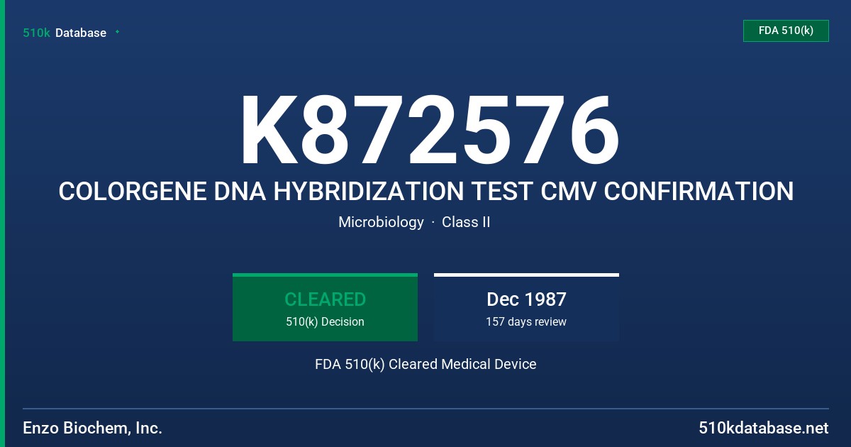 K872576 COLORGENE DNA HYBRIDIZATION TEST CMV CONFIRMATION FDA 510(k) Cleared Medical Device