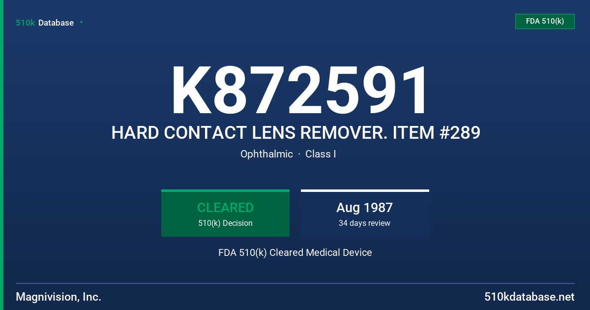 K872591 HARD CONTACT LENS REMOVER. ITEM #289 FDA 510(k) Cleared Medical Device