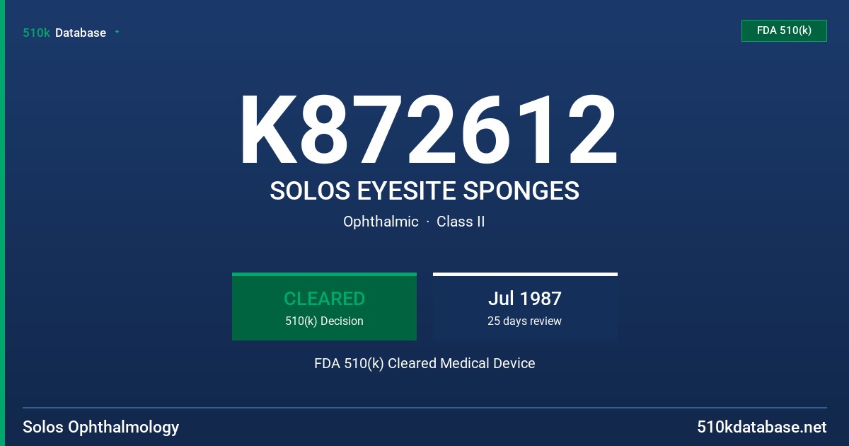 K872612 SOLOS EYESITE SPONGES FDA 510(k) Cleared Medical Device