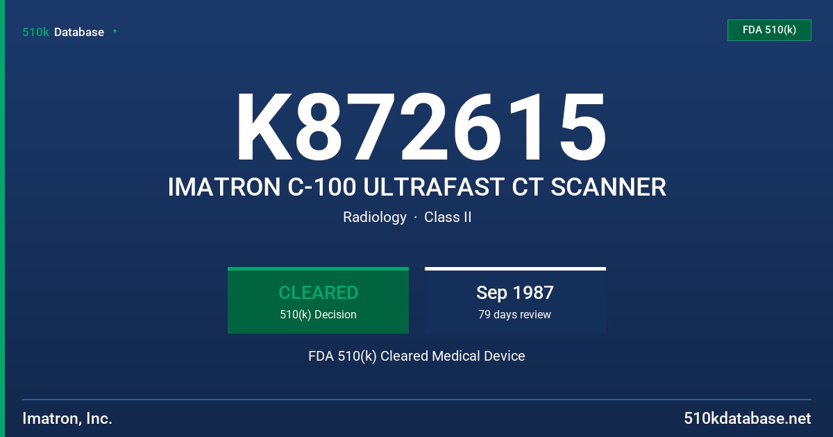 K872615 IMATRON C-100 ULTRAFAST CT SCANNER FDA 510(k) Cleared Medical Device