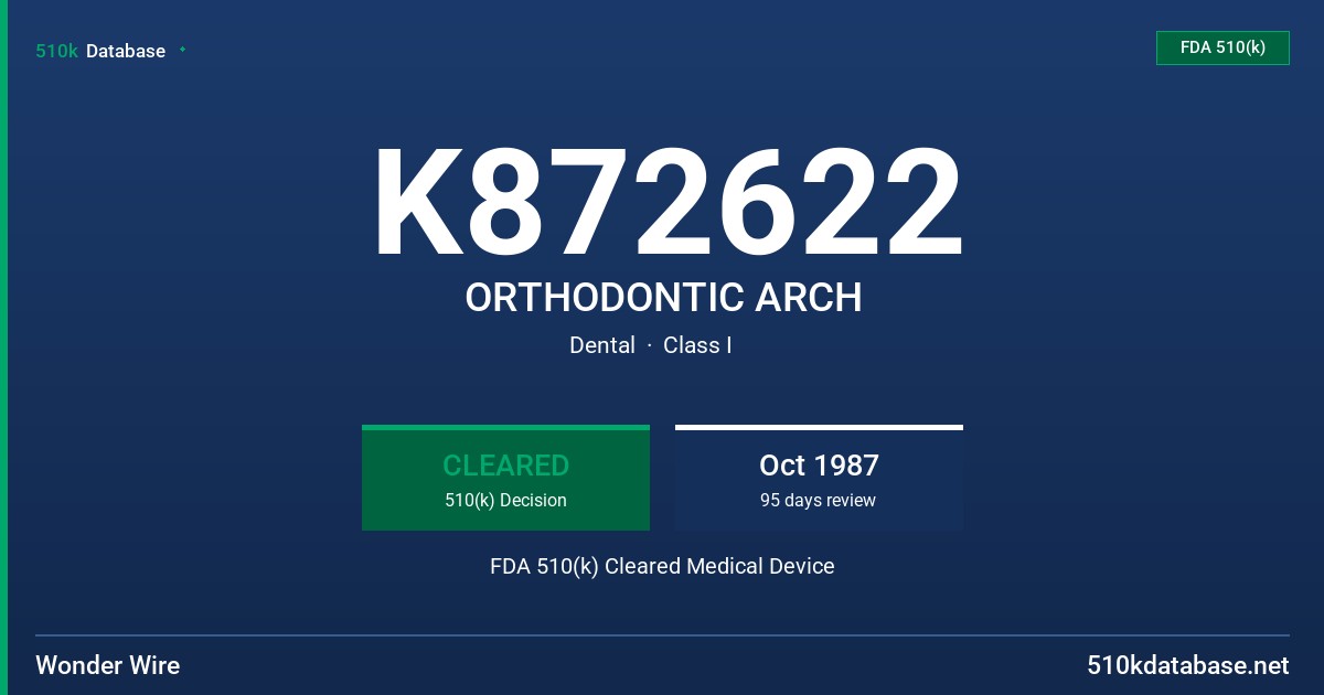 K872622 ORTHODONTIC ARCH FDA 510(k) Cleared Medical Device
