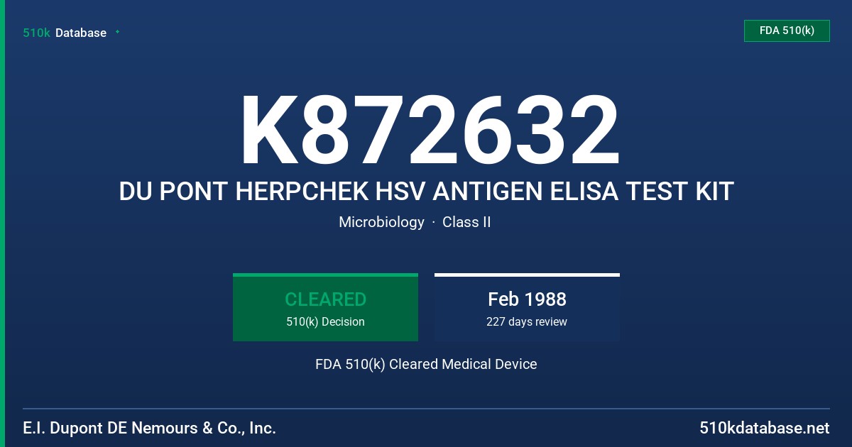 K872632 DU PONT HERPCHEK HSV ANTIGEN ELISA TEST KIT FDA 510(k) Cleared Medical Device