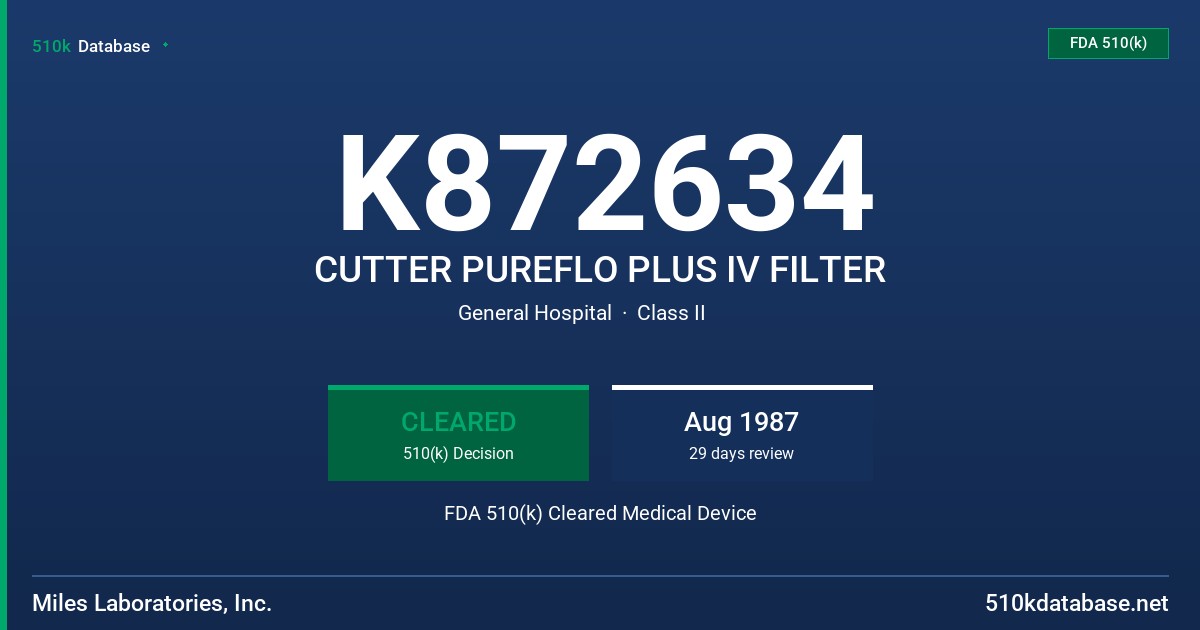 K872634 CUTTER PUREFLO PLUS IV FILTER FDA 510(k) Cleared Medical Device