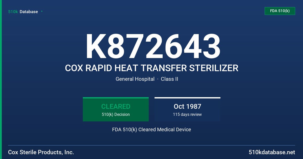 K872643 COX RAPID HEAT TRANSFER STERILIZER FDA 510(k) Cleared Medical Device