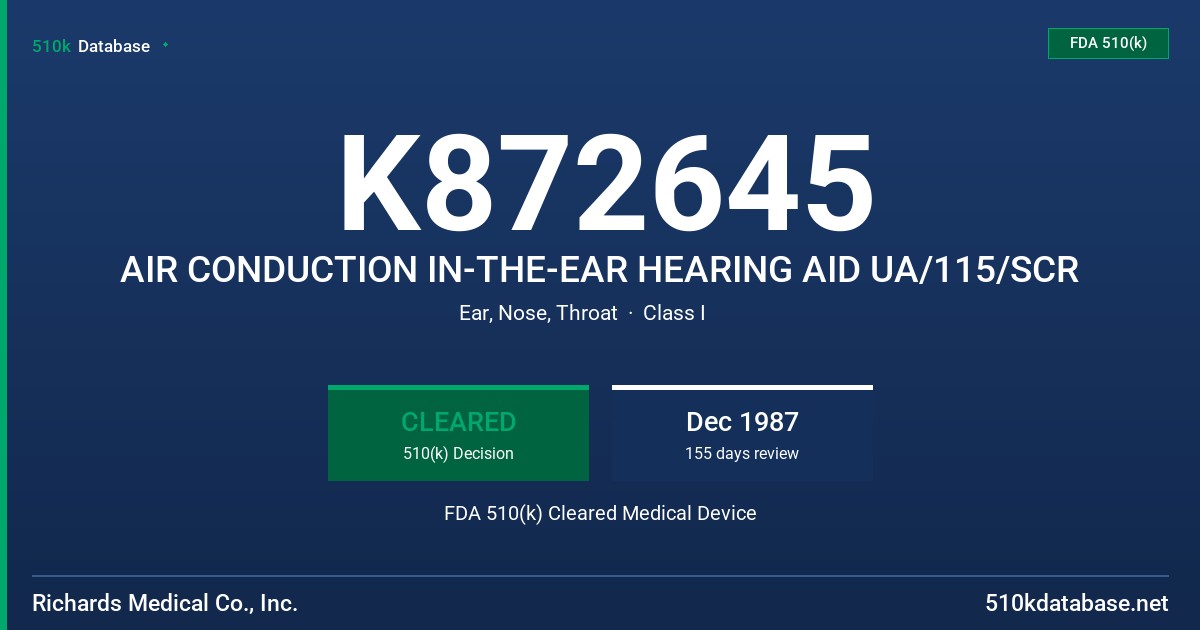 K872645 AIR CONDUCTION IN-THE-EAR HEARING AID UA/115/SCR FDA 510(k) Cleared Medical Device