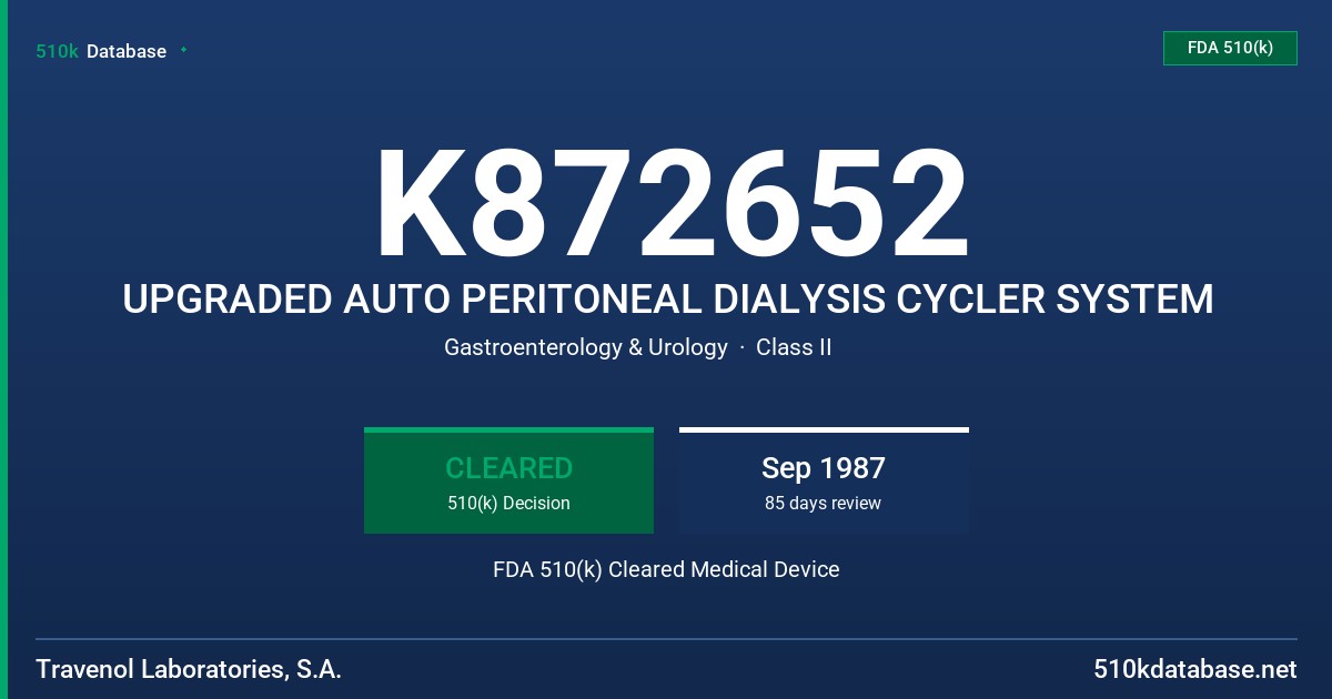 K872652 UPGRADED AUTO PERITONEAL DIALYSIS CYCLER SYSTEM FDA 510(k) Cleared Medical Device