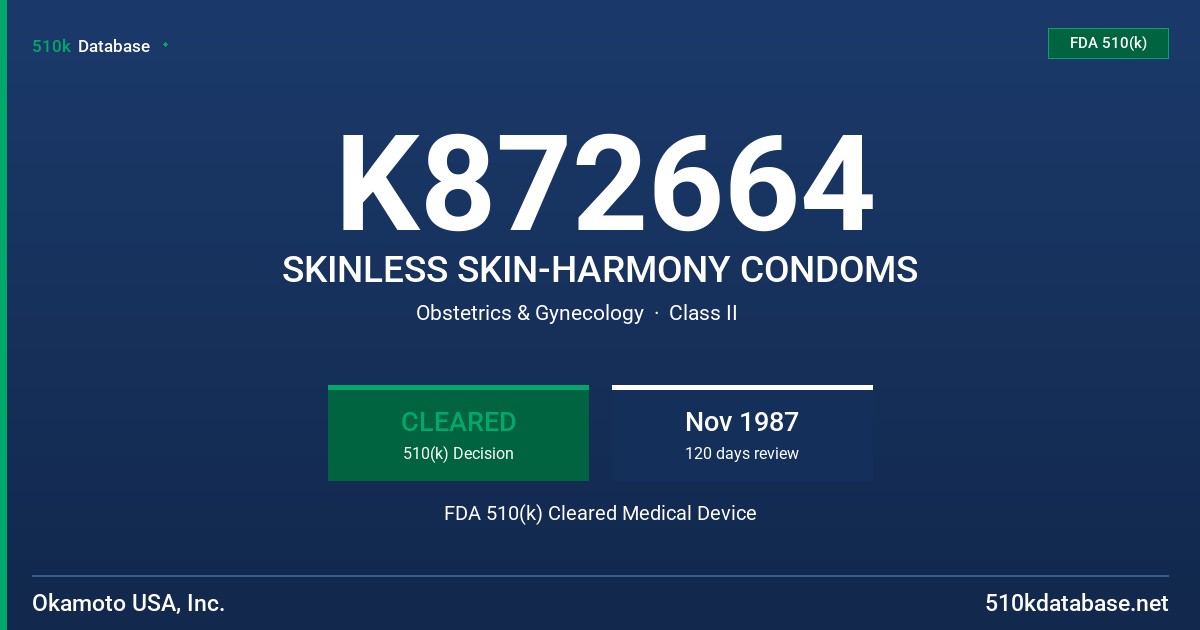 K872664 SKINLESS SKIN-HARMONY CONDOMS FDA 510(k) Cleared Medical Device