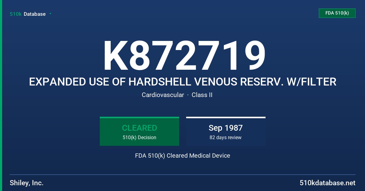 K872719 EXPANDED USE OF HARDSHELL VENOUS RESERV. W/FILTER FDA 510(k) Cleared Medical Device