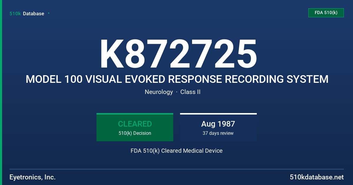 K872725 MODEL 100 VISUAL EVOKED RESPONSE RECORDING SYSTEM FDA 510(k) Cleared Medical Device