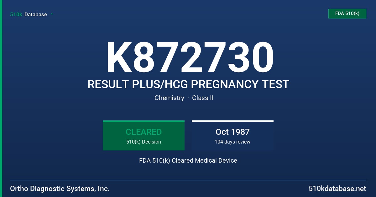 K872730 RESULT PLUS/HCG PREGNANCY TEST FDA 510(k) Cleared Medical Device