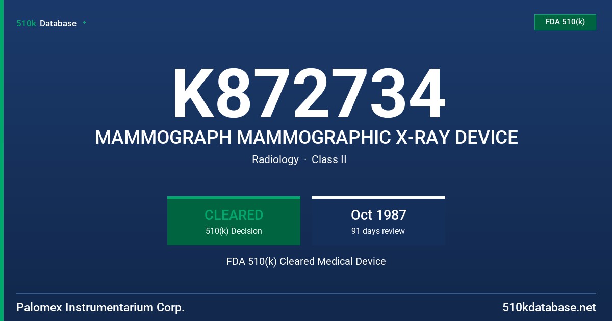 K872734 MAMMOGRAPH MAMMOGRAPHIC X-RAY DEVICE FDA 510(k) Cleared Medical Device